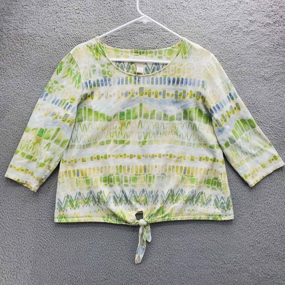 Chicos Tali Tie Front Tee Shirt Size 2 Green 3/4 Sleeve Scoop Neck Top